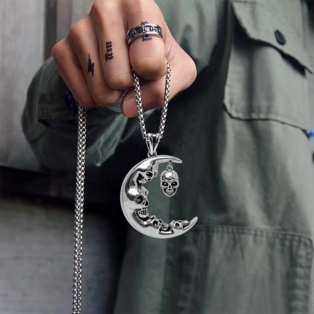 Halloween Gothic Moon Skull Pendant Necklace, Men Women's Fashion Jewelry, Perfect for Parties & Gifts, Elegant Accessory for Everyday Wear