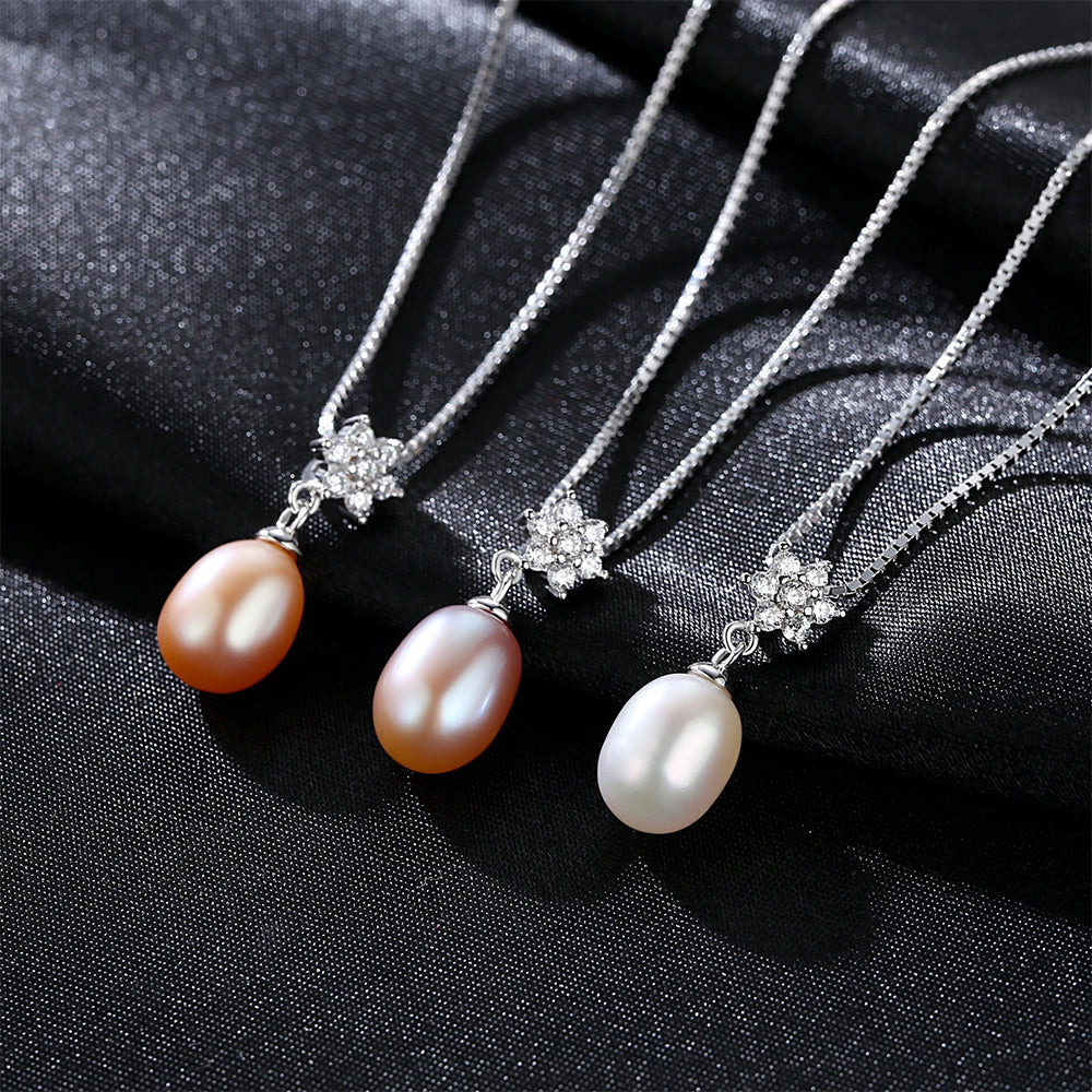 925 Sterling Silver Natural Pearl Drop Necklace Fashion Jewelry Gift for Women Girls