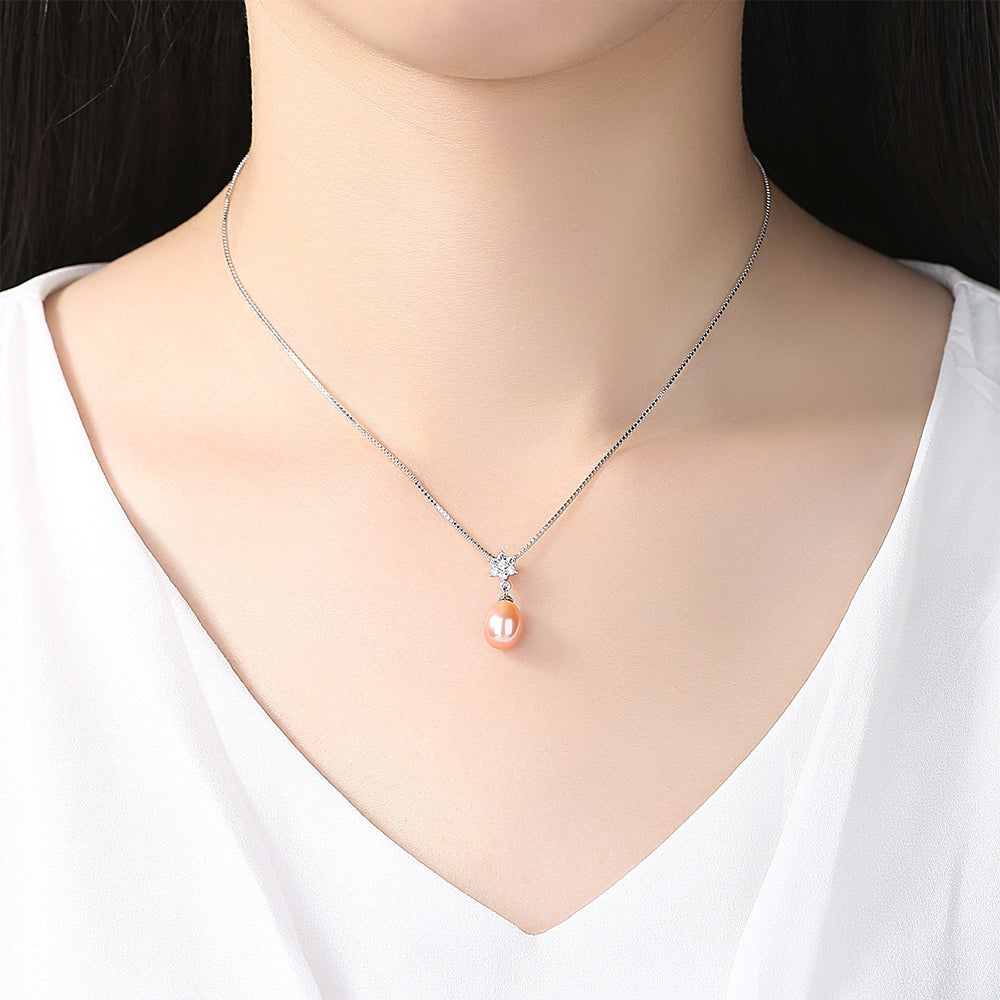 925 Sterling Silver Natural Pearl Drop Necklace Fashion Jewelry Gift for Women Girls