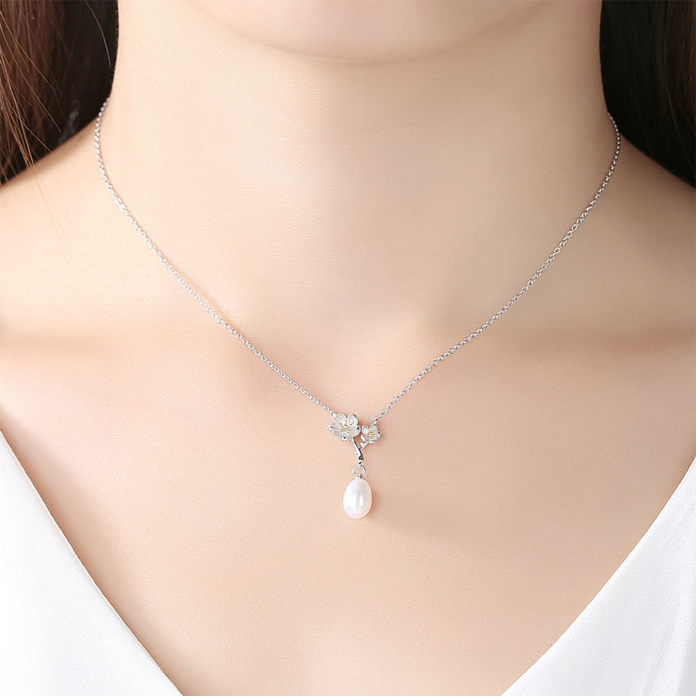 925 Sterling Silver Natural Pearl Drop Necklace Fashion Jewelry Gift for Women Girls