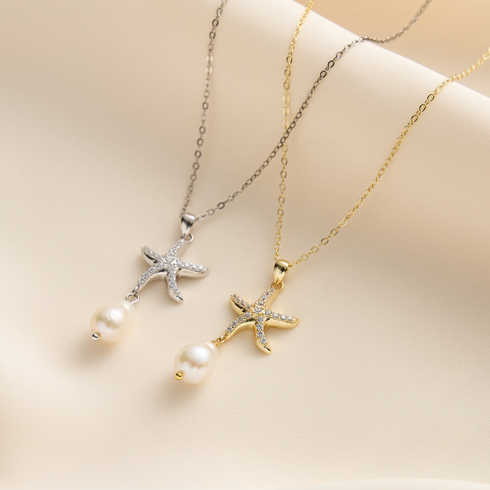 Starfish Pendant Freshwater Baroque Pearl Necklace, Sparkling CZ & Irregular Lustre Pearl Silver Chain
