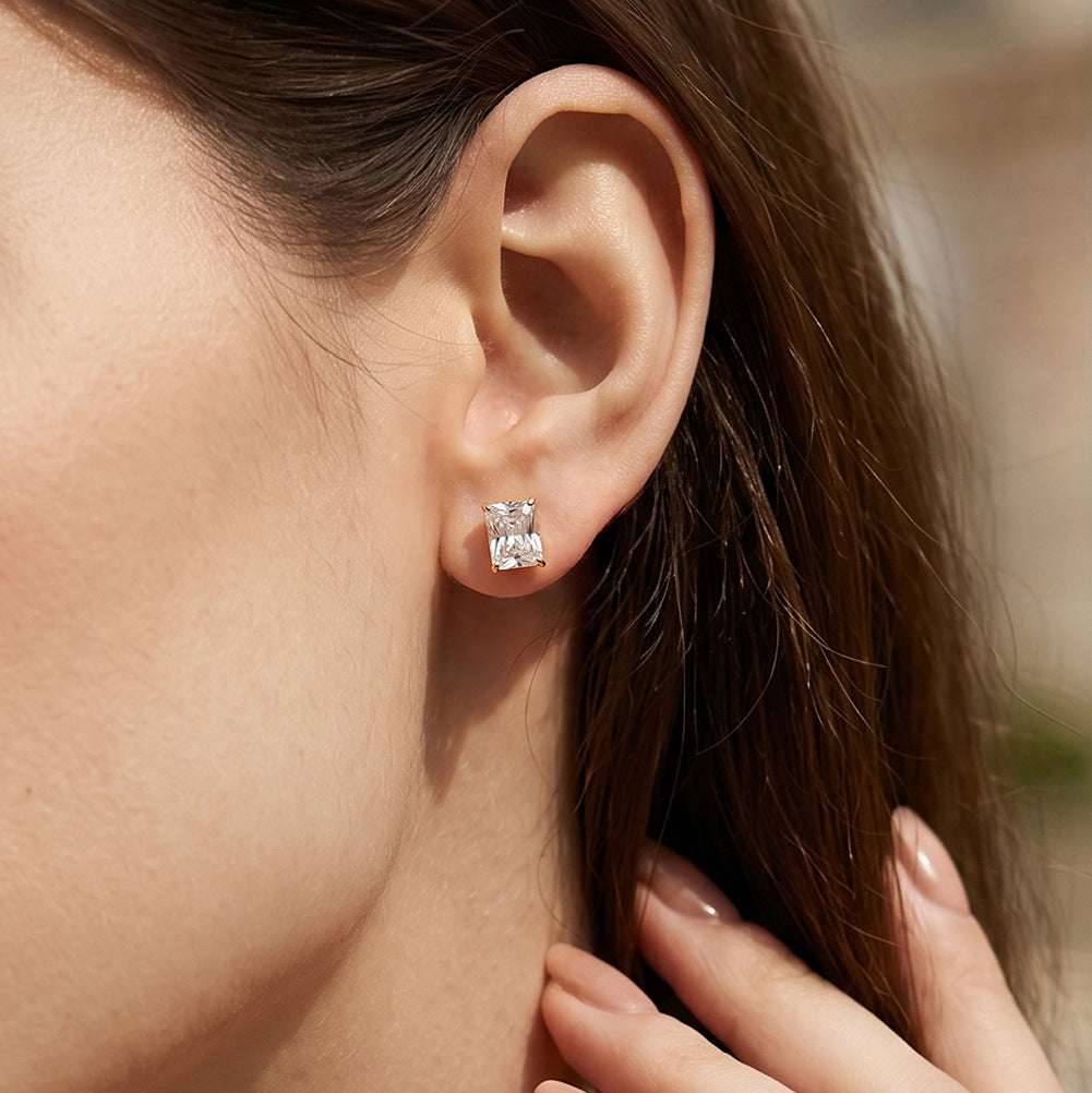 Gold Plated 316 Stainless Steel Stud Earrings, Emerald Cut Rectangular Clear Cubic Zirconia Four Prong Setting