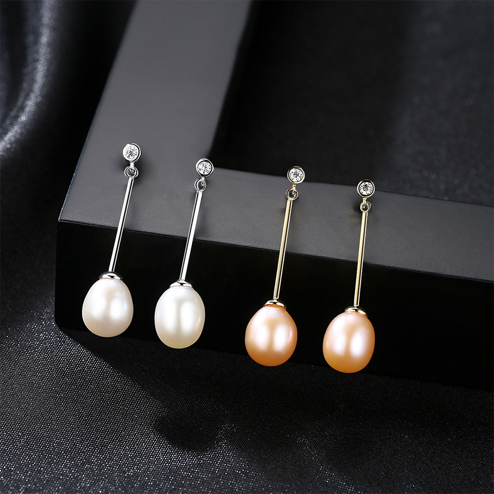 925 Sterling Silver Natural Pearl Long Drop Earrings Fashion Jewelry Gift for Women Girls