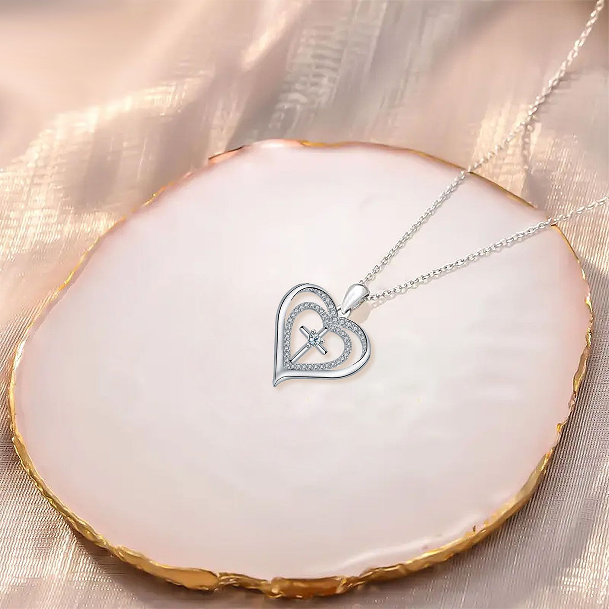 Copper With Silver Plated Heart Cross Pendant Necklace