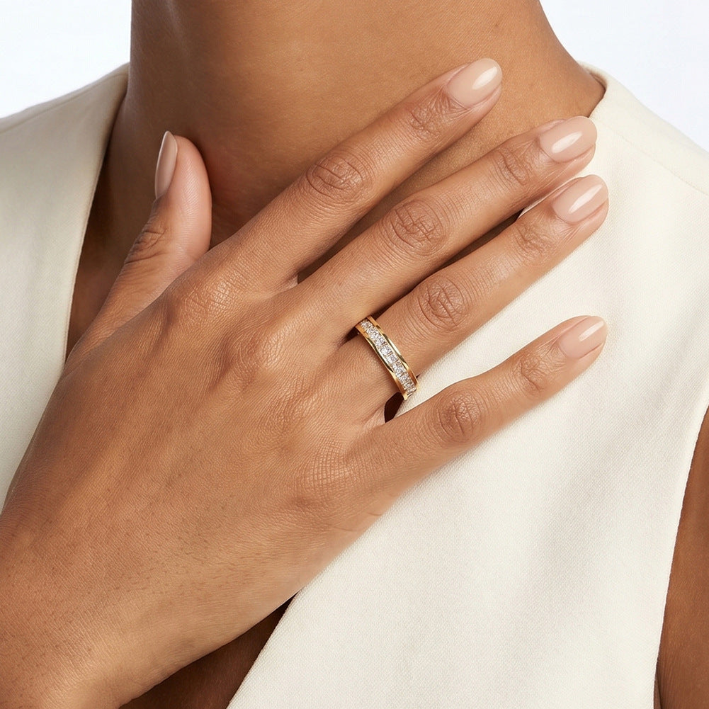 Gold Plated Stainless Steel Slim Half Eternity Band with Princess Cut CZ Inlay