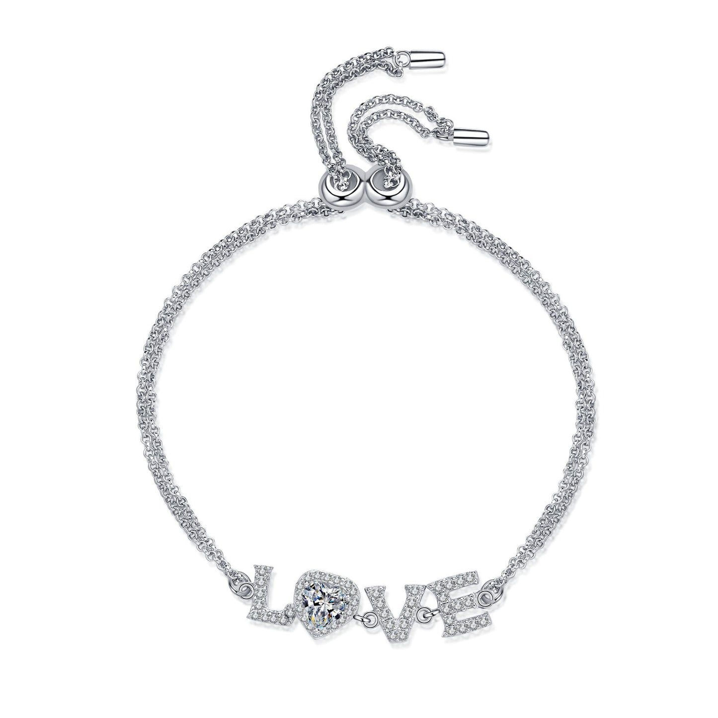 925 Sterling Silver Love Moissanite Adjustable Bracelet for Women Girls