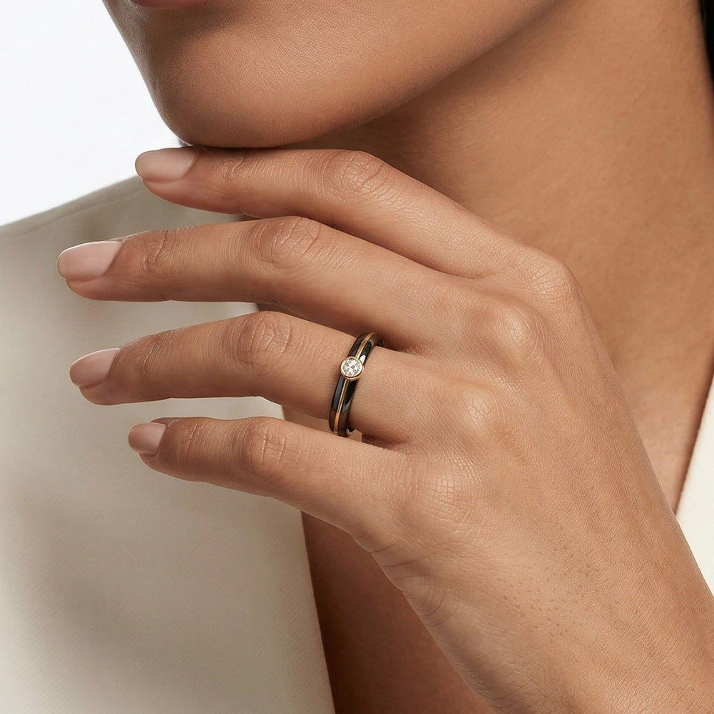 Black Ceramic Ring with Gold Plated Stainless Steel Inlay & Bezel Set Round CZ, Thin Band