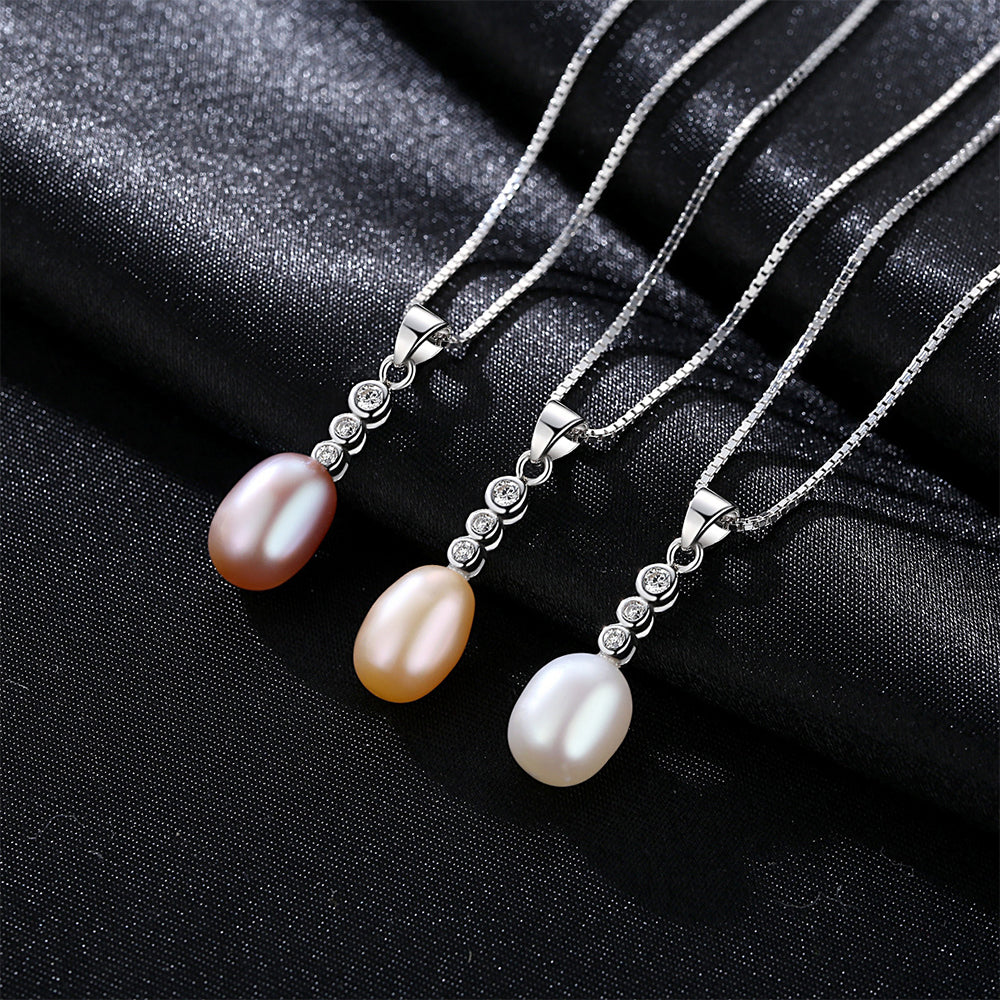 925 Sterling Silver Natural Pearl Drop Necklace Fashion Jewelry Gift for Women Girls