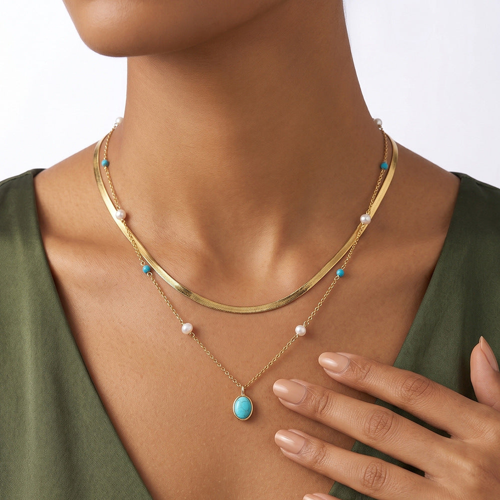 Gold Stainless Steel Turquoise & Freshwater Pearl Station Necklace, Oval Turquoise Bezel Pendant Adjustable Cable Chain
