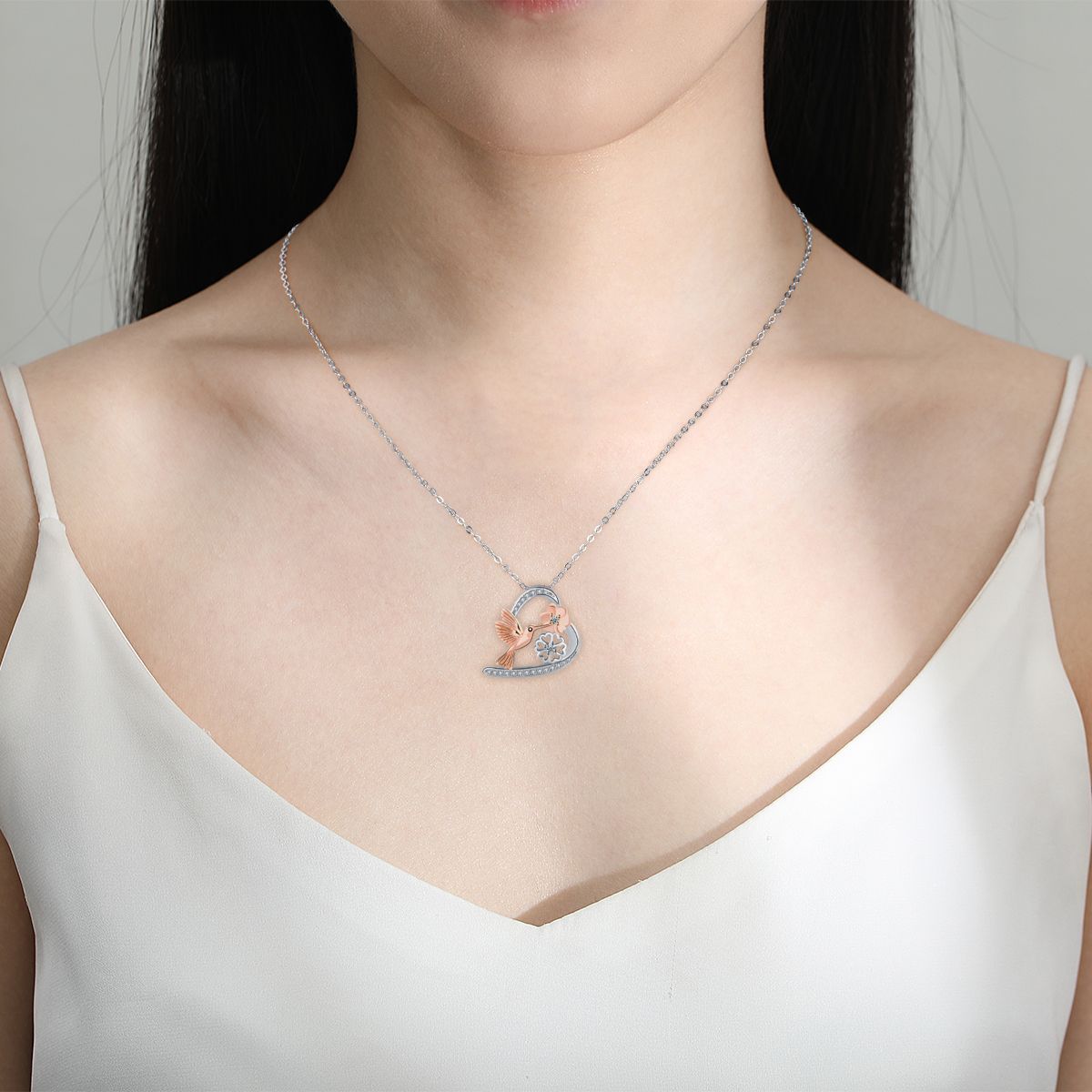 Copper With Silver/Rosegold Plated Heart Flowers Pendant Necklace