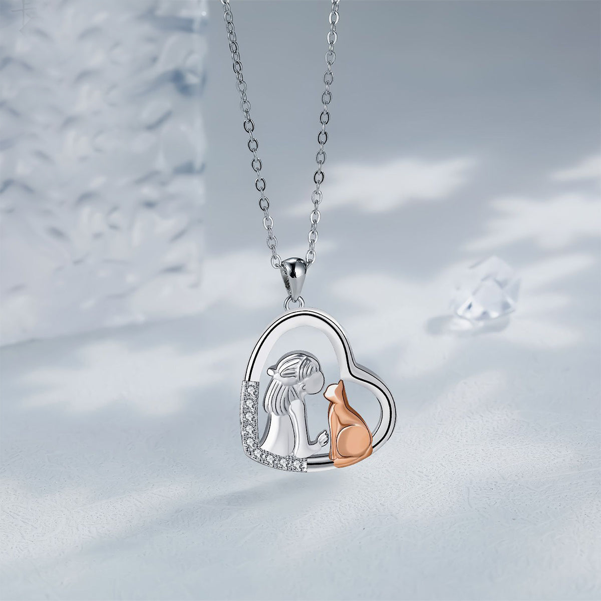 Copper With Silver/Rosegold Plated Girl and Dog Heart Pendant Necklace