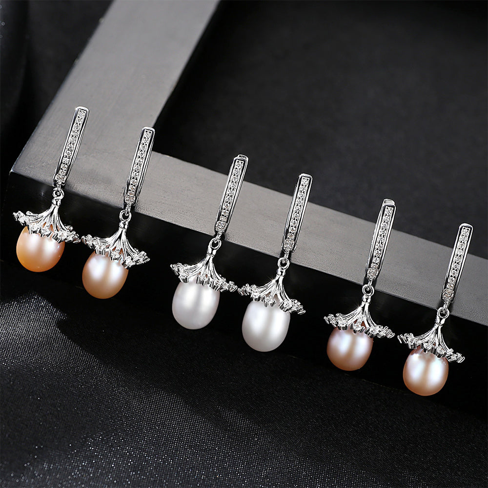 925 Sterling Silver Natural Pearl Drop Huggie Earrings Fashion Jewelry Gift for Women Girls