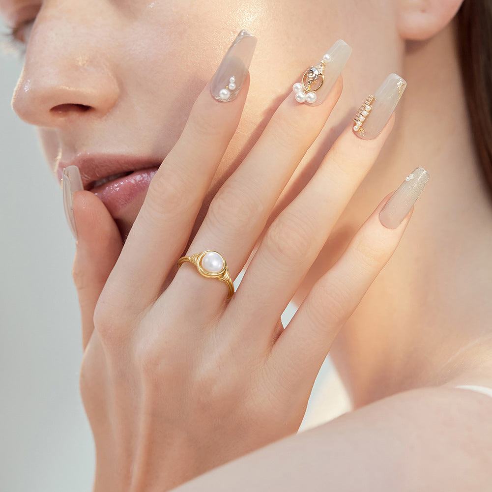 925 Sterling Silver Natural Pearl Ring Fashion Jewelry Gift for Women Girls