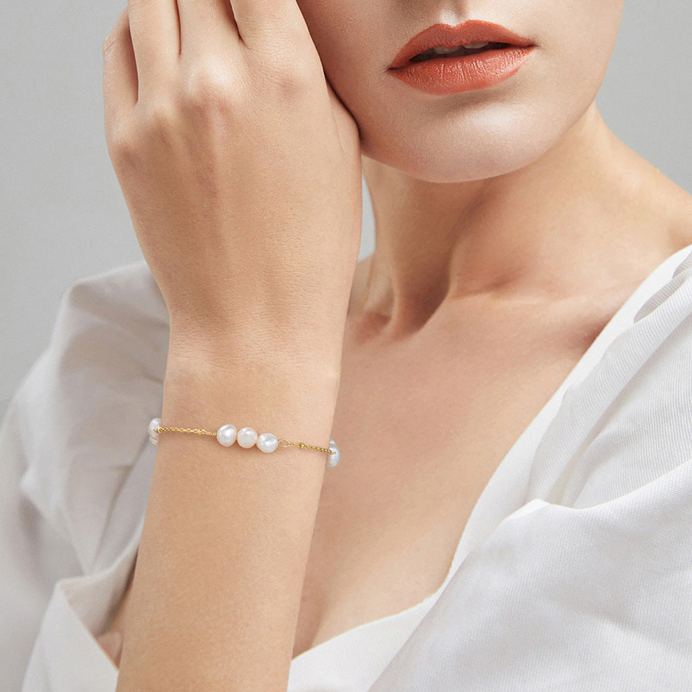 925 Sterling Silver Pearl Bracelet Fashion Jewelry Gift for Women Girls