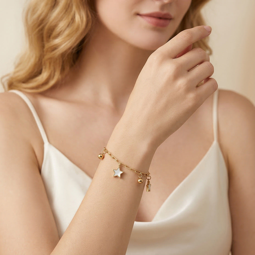 Gold Plated Stainless Steel Paperclip Chain Bracelet, 2 Mother of Pearl Star Charms & Round Metal Ball Beads, Adjustable