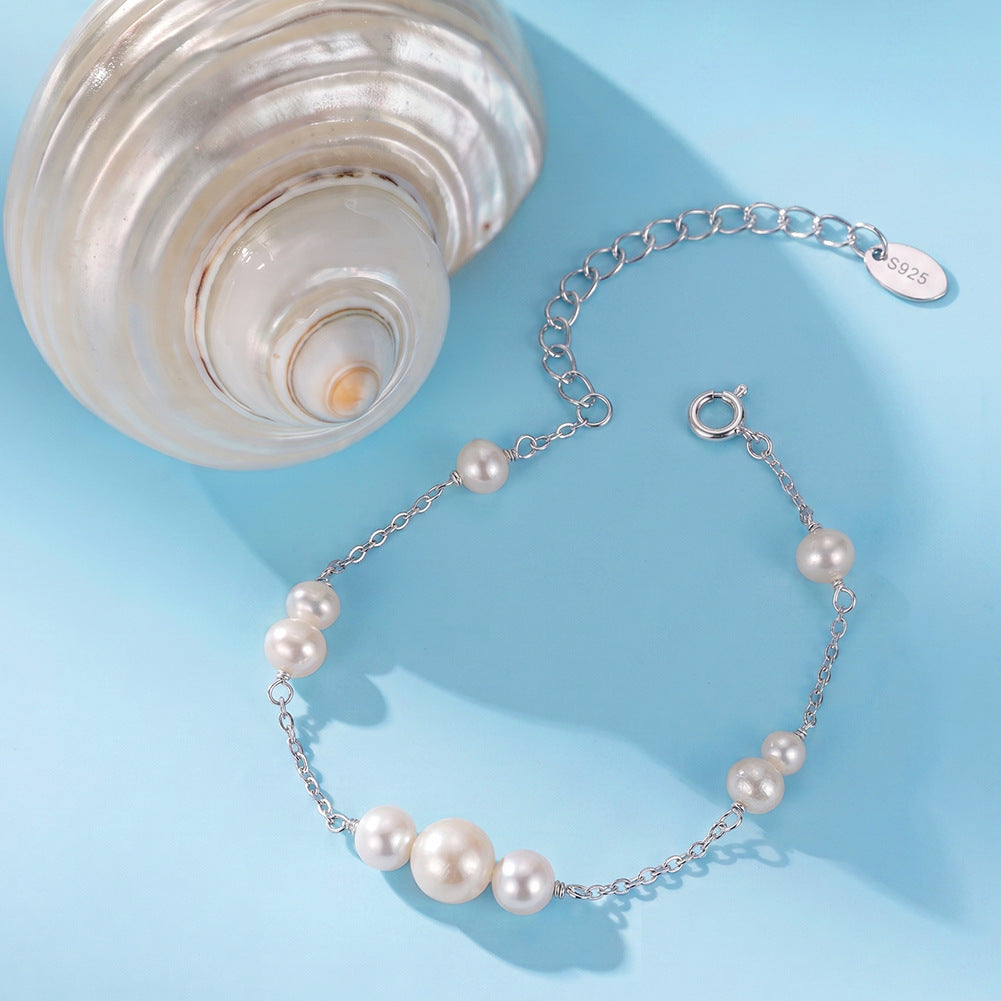 S925 Sterling Silver Dainty Chain Bracelet, Graduated Lustrous Round Freshwater Pearls Arranged on Thin Cable Chain, Adjustable Extension Chain