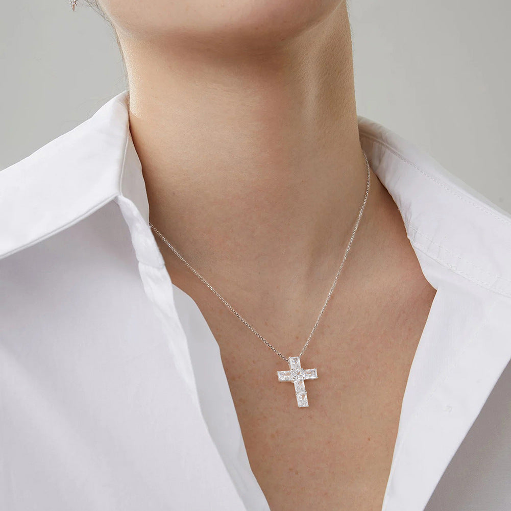 Silver Stainless Steel Cross CZ Necklace, Multi-Emerald Cut & Round Clear Cubic Zirconia Cross Pendant Cable Chain