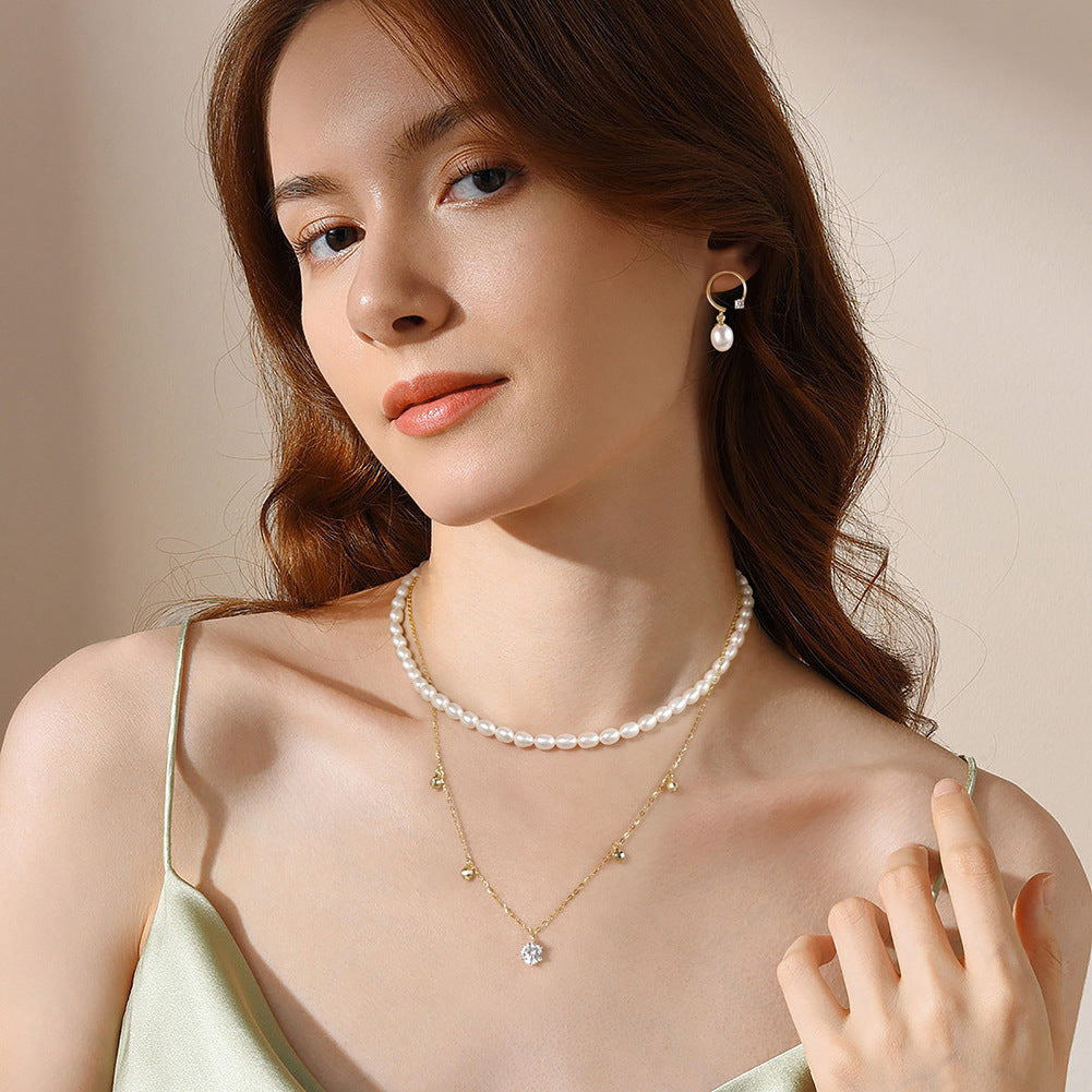 925 Sterling Silver Natural Pearl Necklace Fashion Jewelry Gift for Women Girls