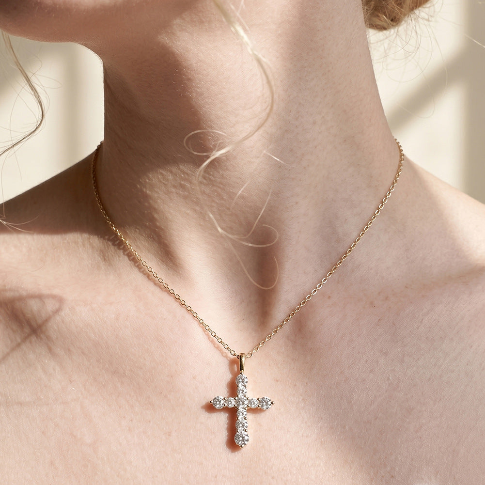 Gold Stainless Steel CZ Cross Necklace, Round Cut Clear Cubic Zirconia Paved Cross Pendant, Thin Rolo Chain