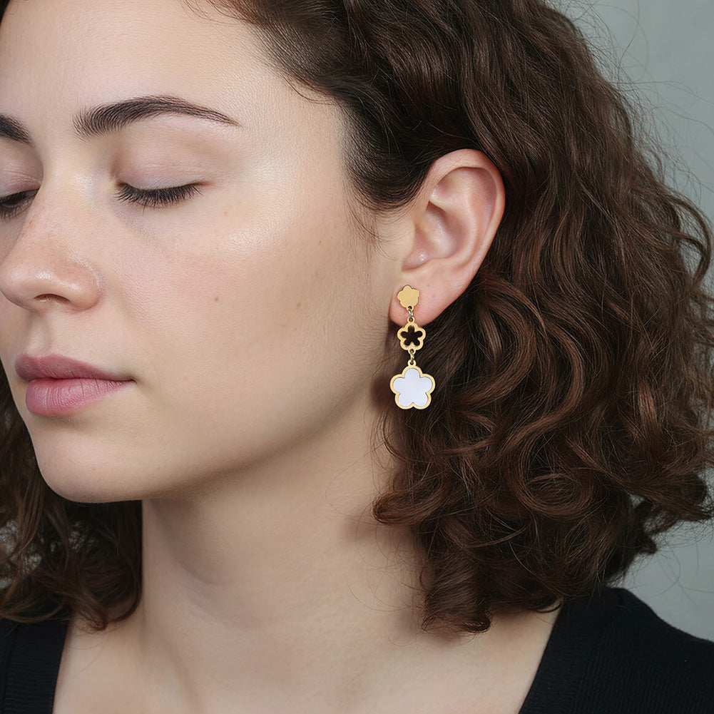 Silver Stainless Steel Triple Clover Drop Earrings With Natural Mother Of Pearl Inlay