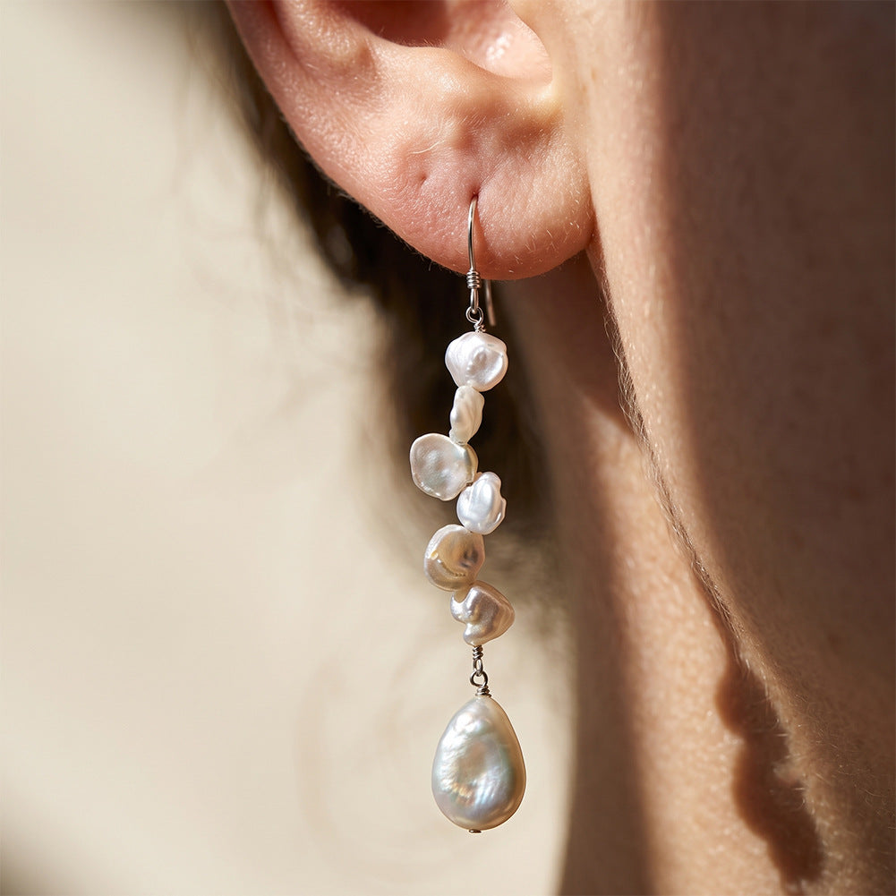 Sterling Silver Long Keshi Pearl Fish Hook Earrings, Cascading Petal Freshwater Pearls with Teardrop Baroque Pearl, Bohemian Long Pearl Dangle Earrings