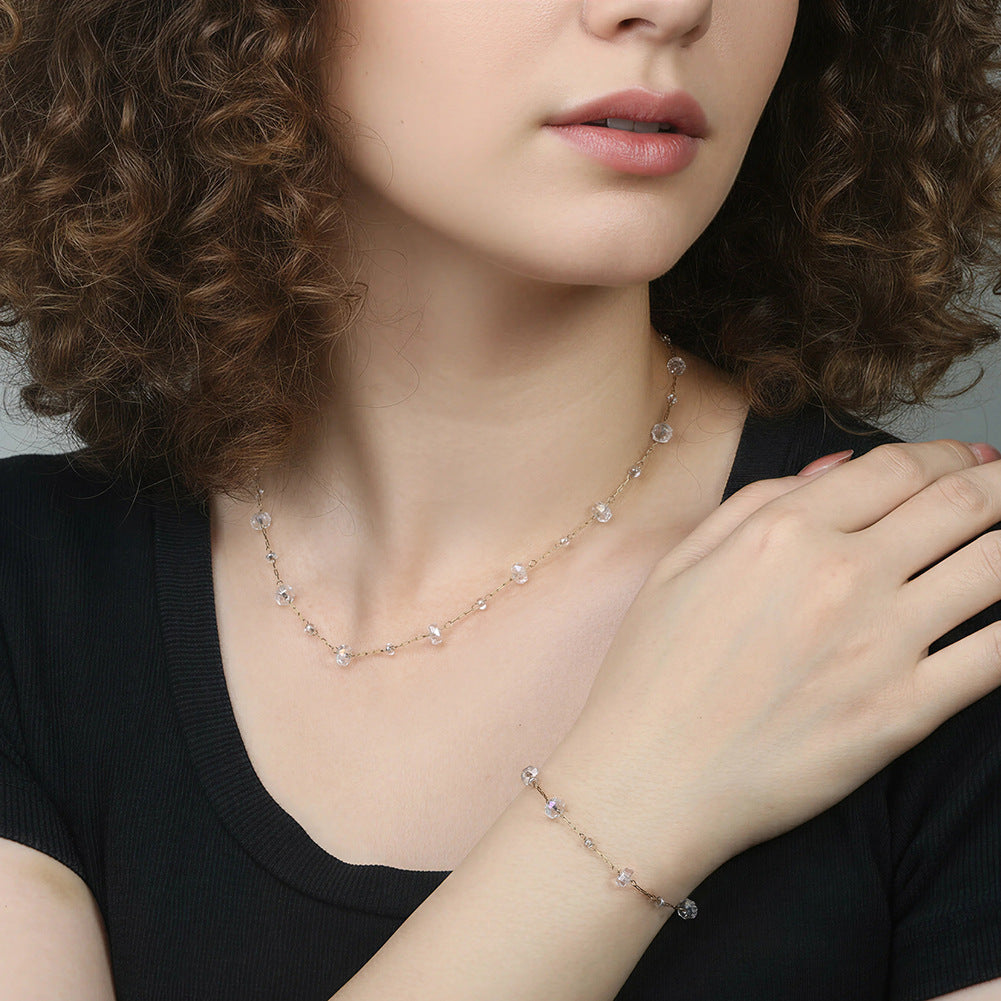 Gold Plated Stainless Steel Dainty Bracelet, Clear Faceted Crystal Beads Thin Paperclip Chain, Adjustable Extension