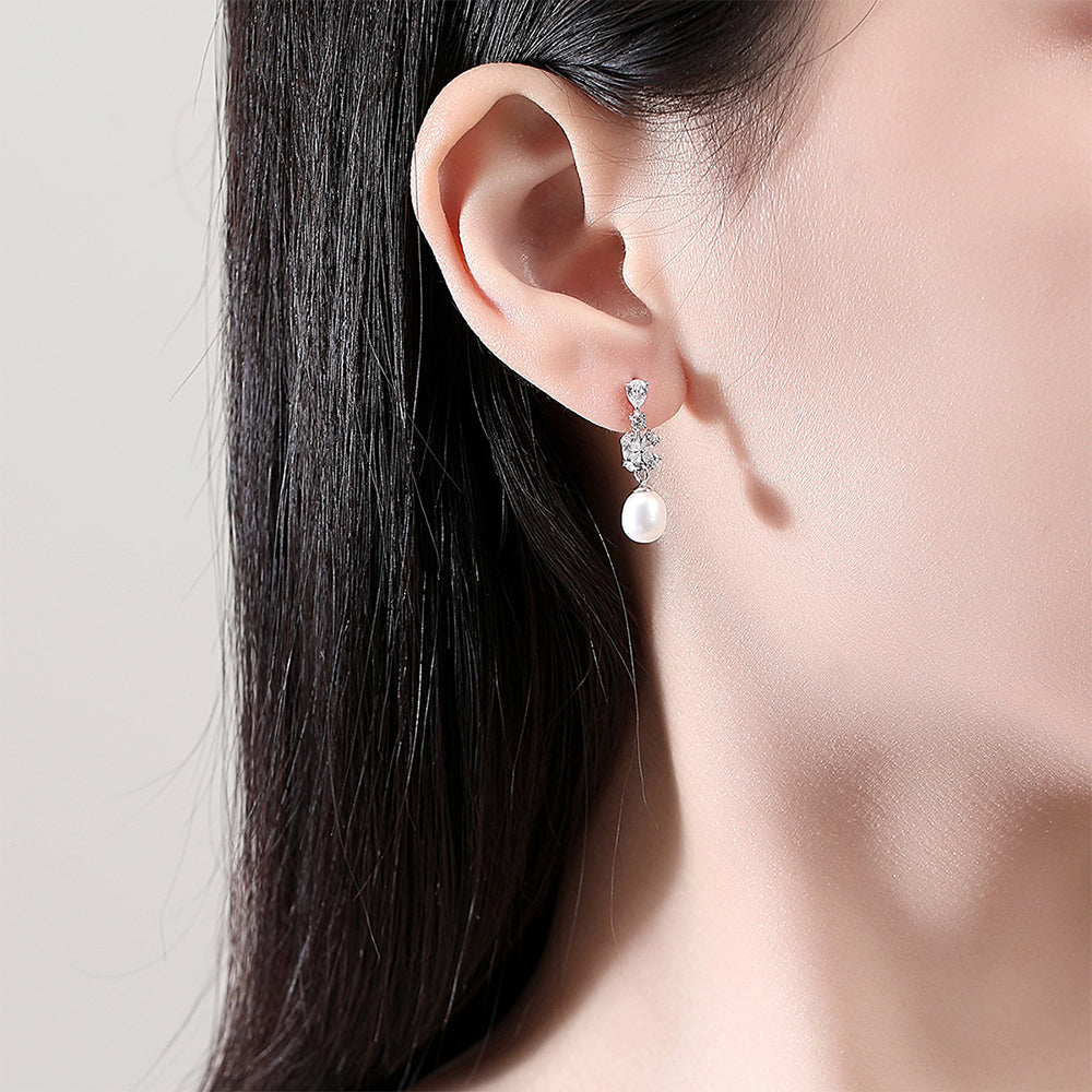 925 Sterling Silver Natural Pearl Drop Earrings Fashion Jewelry Gift for Women Girls