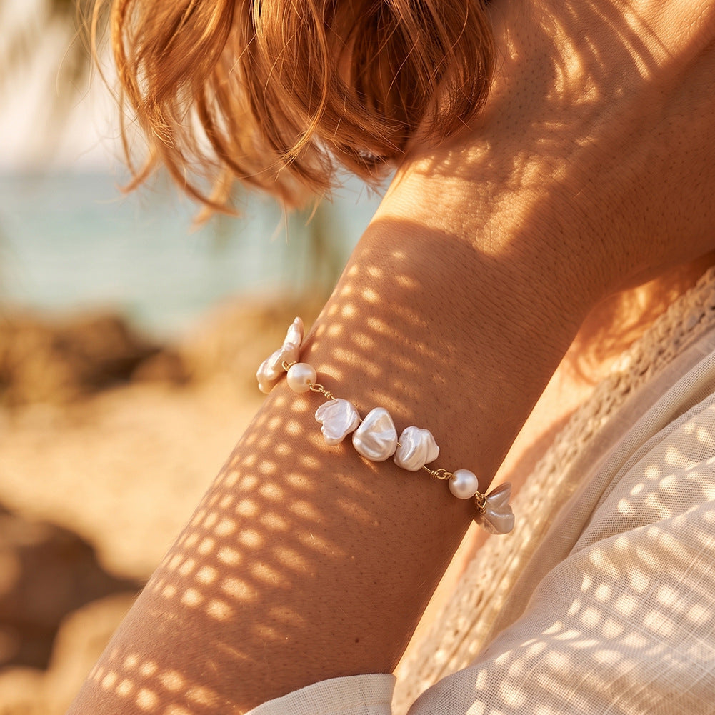 S925 Sterling Silver Bracelet, Natural Petal-shaped Keshi Baroque Freshwater Pearls paired with Small Round Lustrous Pearls, Adjustable Extension Chain