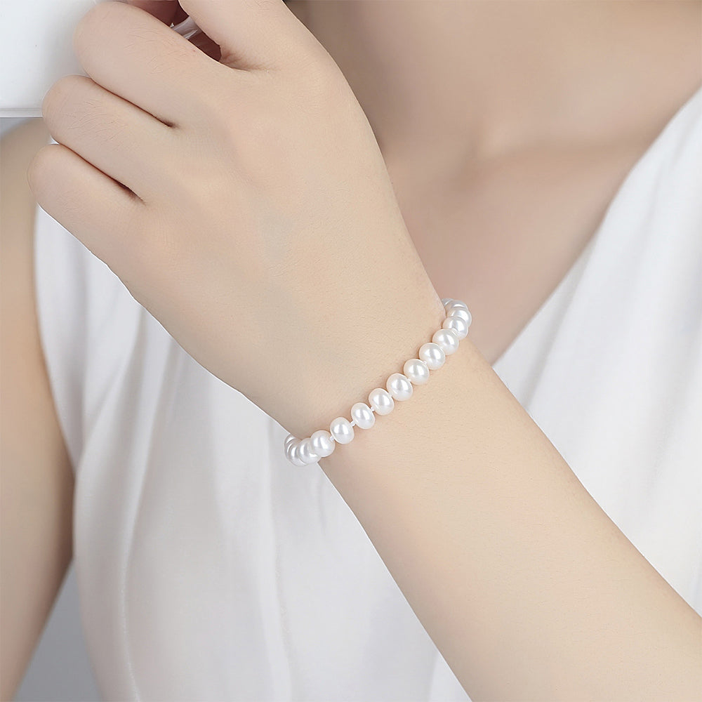925 Sterling Silver Natural Pearl Bracelet Fashion Jewelry Gift for Women Girls