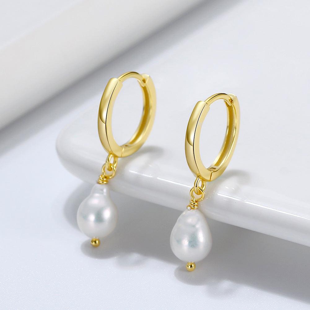 S925 Sterling Silver Chunky Huggie Hoop Pearl Earrings, Bulbous Teardrop Shaped Lustrous Freshwater Pearl Dangling from Thick Polished Huggie