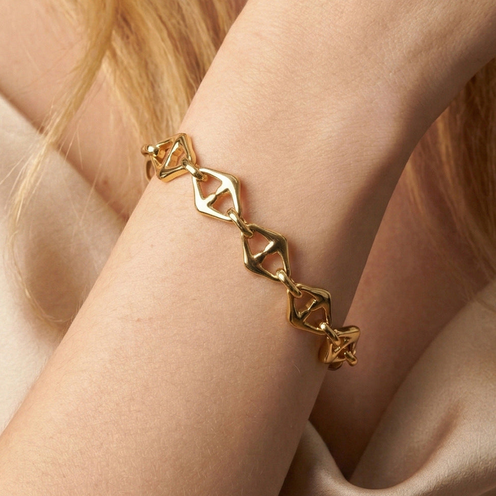 Gold Plated Stainless Steel Hollow Rhombus Link Bracelet, Openwork Diamond Shaped Chain Links, Adjustable Extension