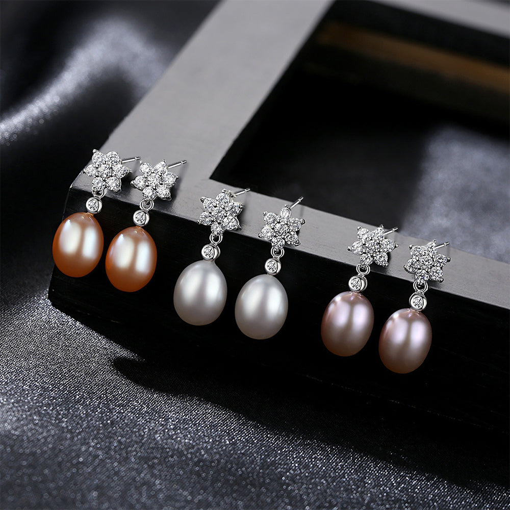 925 Sterling Silver Natural Pearl Drop Earrings Fashion Jewelry Gift for Women Girls