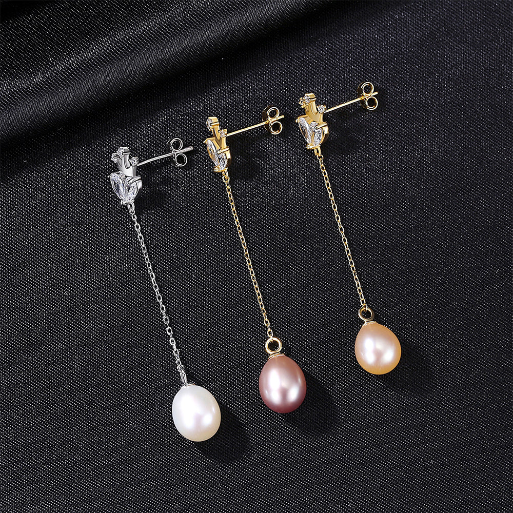 925 Sterling Silver Natural Pearl Long Drop Earrings Fashion Jewelry Gift for Women Girls