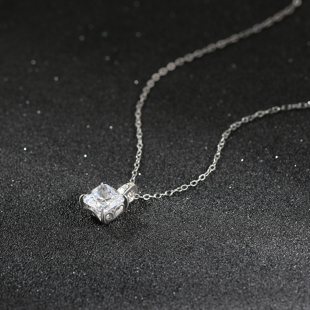 Gold Stainless Steel Square Emerald Cut Cubic Zirconia Pendant Necklace, 4 Prong Setting Round Cable Chain