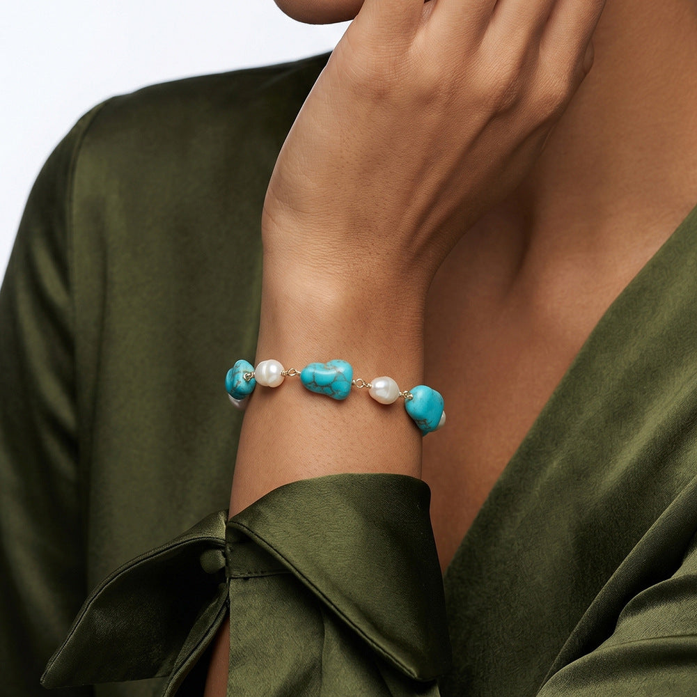 S925 Gold Plated Turquoise Pearl Bracelet, Irregular Baroque Lustrous Freshwater Pearls & Raw Turquoise Beads, Hand Wire Wrapped, Adjustable Extension Chain