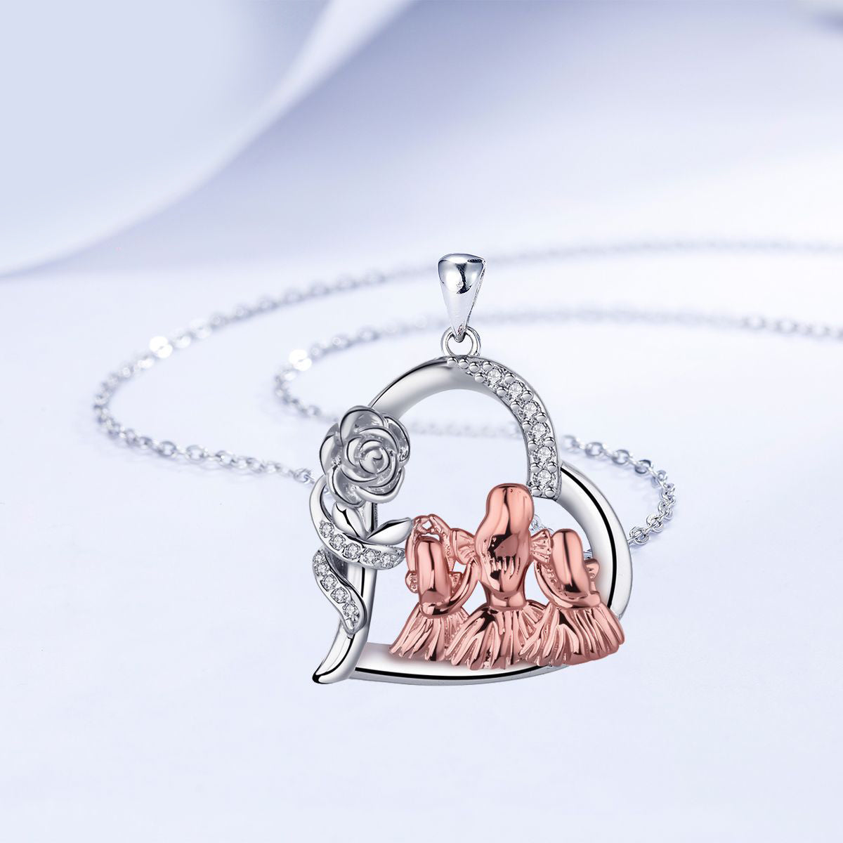 Copper With Silver/Rosegold Plated Heart Flower Pendant Necklace for Women