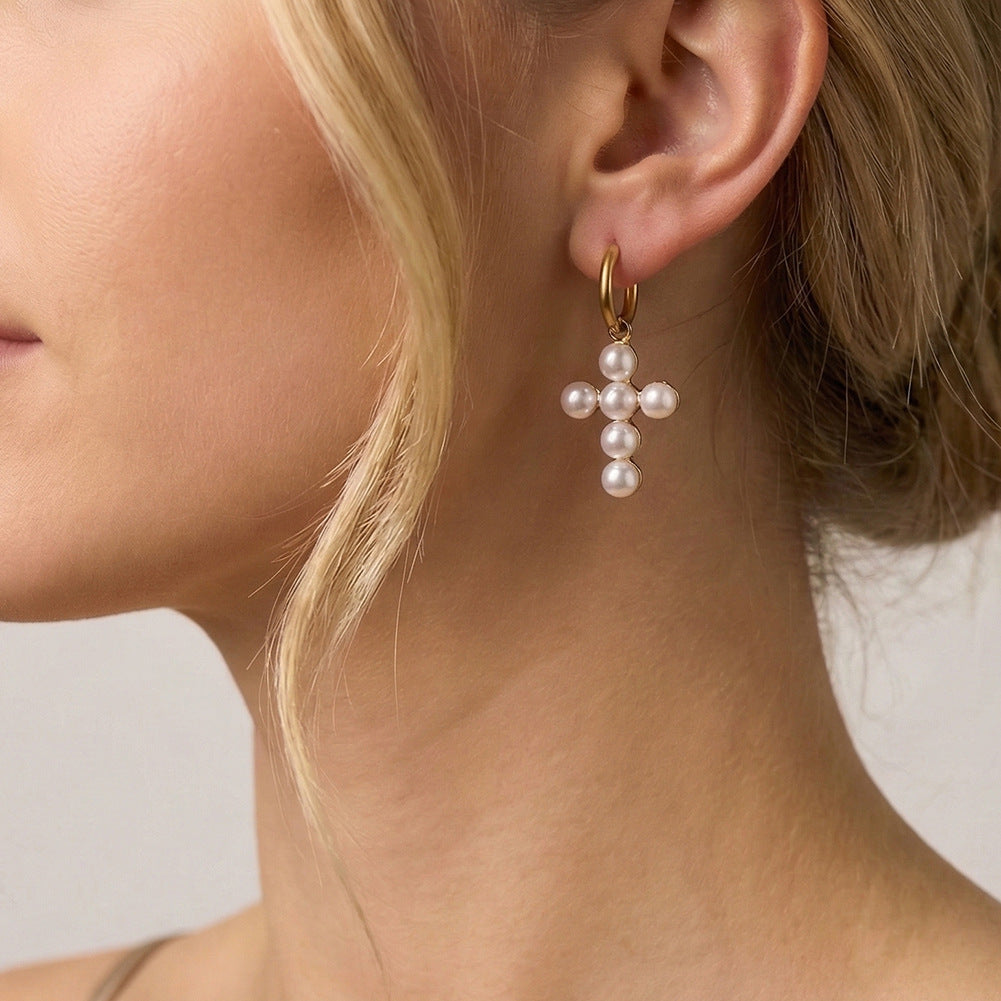 Gold Plated Stainless Steel Faux Pearl Cross Charm Huggie Hoop Earrings