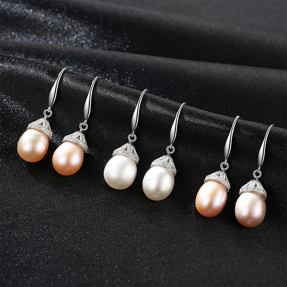 925 Sterling Silver Natural Pearl Drop Hook Earrings Fashion Jewelry Gift for Women Girls
