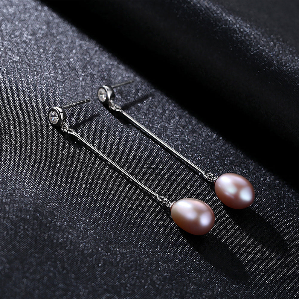 925 Sterling Silver Natural Pearl Long Drop Earrings Fashion Jewelry Gift for Women Girls