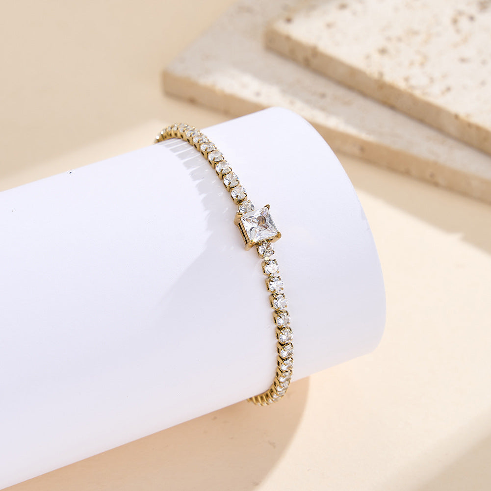 Gold Plated Stainless Steel Tennis Bracelet, Princess Square CZ Center Stone with Pave Round CZ Stones