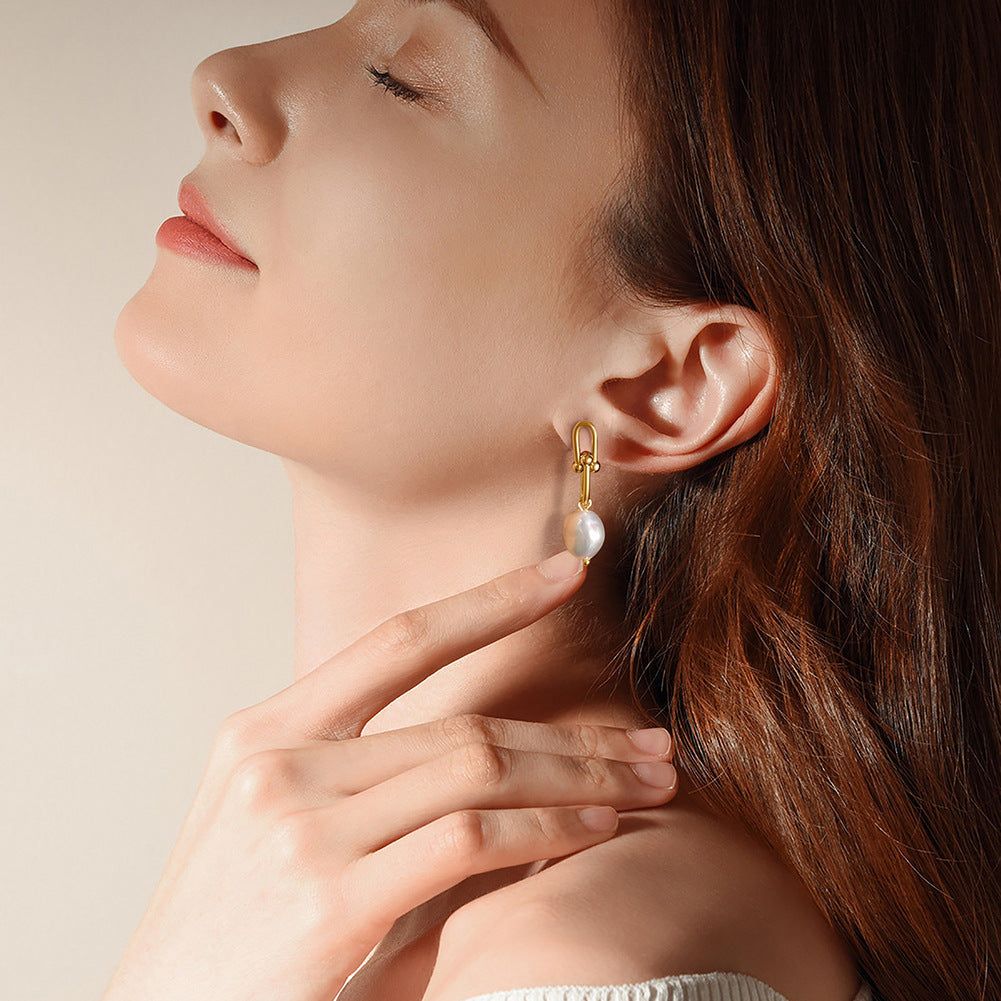 S925 Gold Plated U-Shaped Link Baroque Pearl Drop Earrings, Irregular Organic Freshwater Baroque Pearl with Natural Soft Shine & Modern Hardware Design