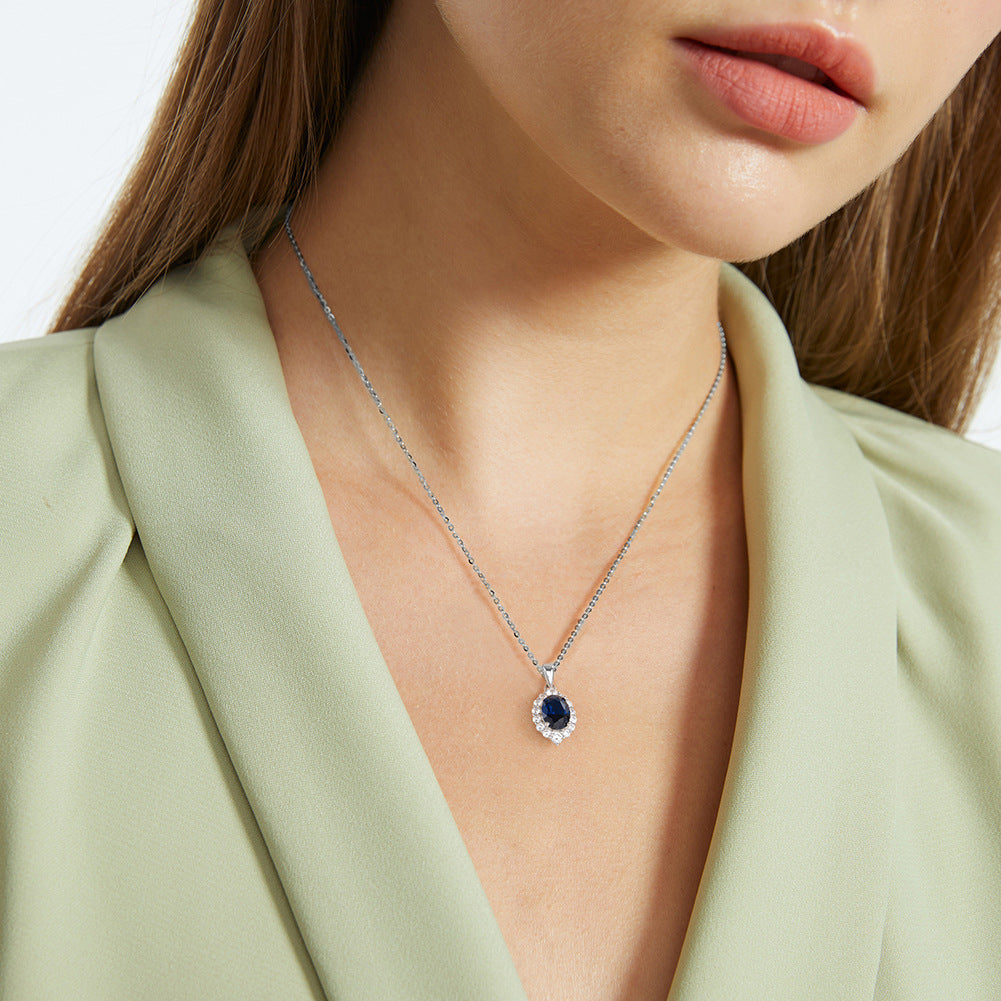 Silver Stainless Steel Oval Blue CZ Halo Pendant Necklace, Oval Deep Blue Cubic Zirconia Surrounded With Pave Clear CZ Stones