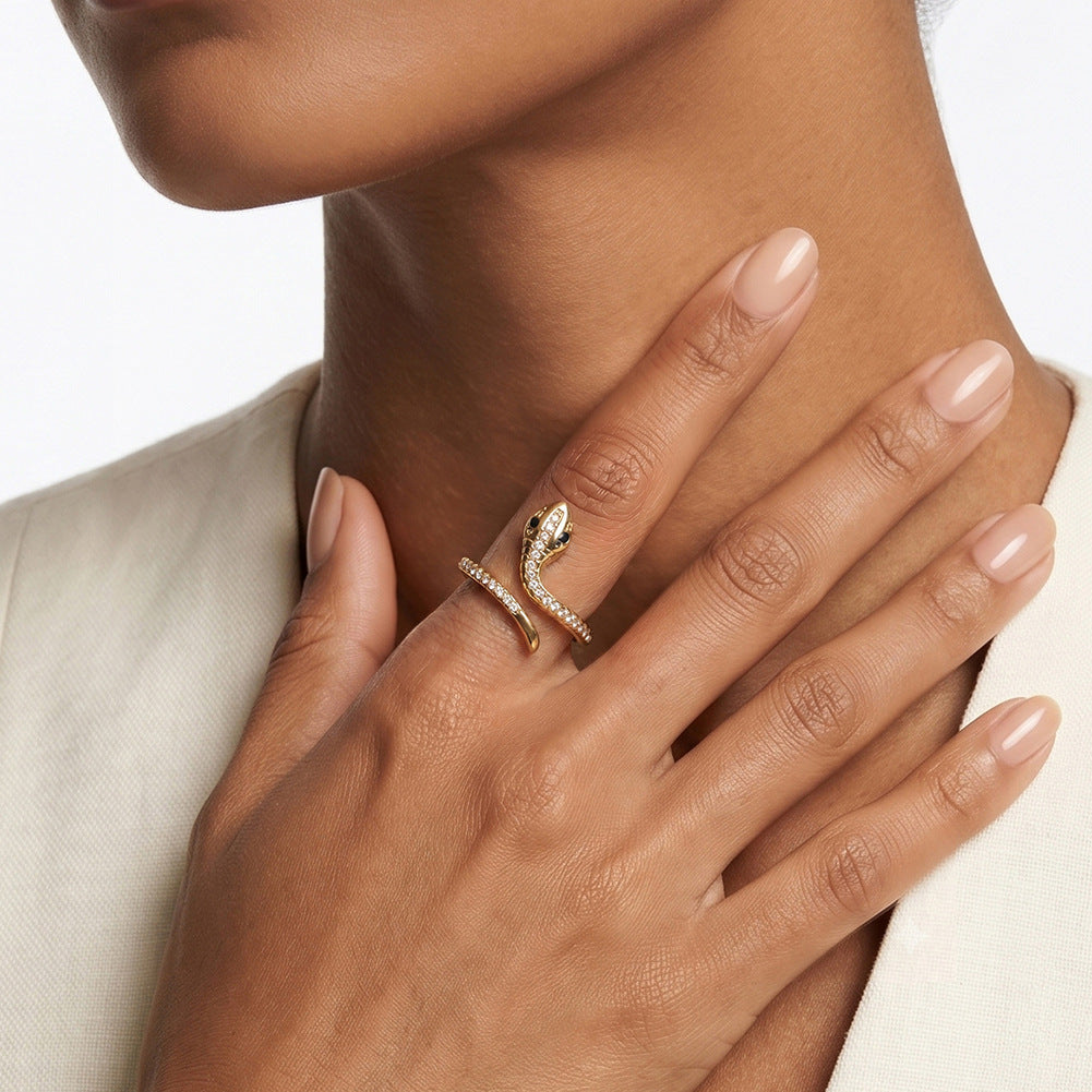Gold Plated Stainless Steel Wrap Snake Ring, Pave Clear & Black CZ Inlay