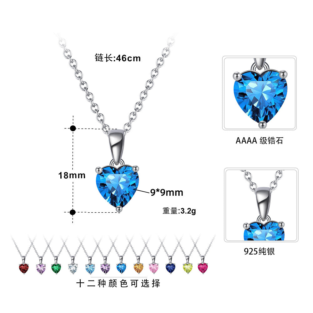 Silver Stainless Steel Heart Cut Blue CZ Pendant Necklace, Solitaire Heart Shape Blue Cubic Zirconia on Thin Rolo Chain