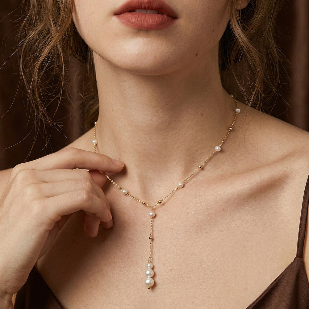Y Drop Dainty Freshwater Pearl Lariat Necklace, Mini Lustrous White Pearls Station Chain with Stacked Pearl Drop Pendant S925 Silver