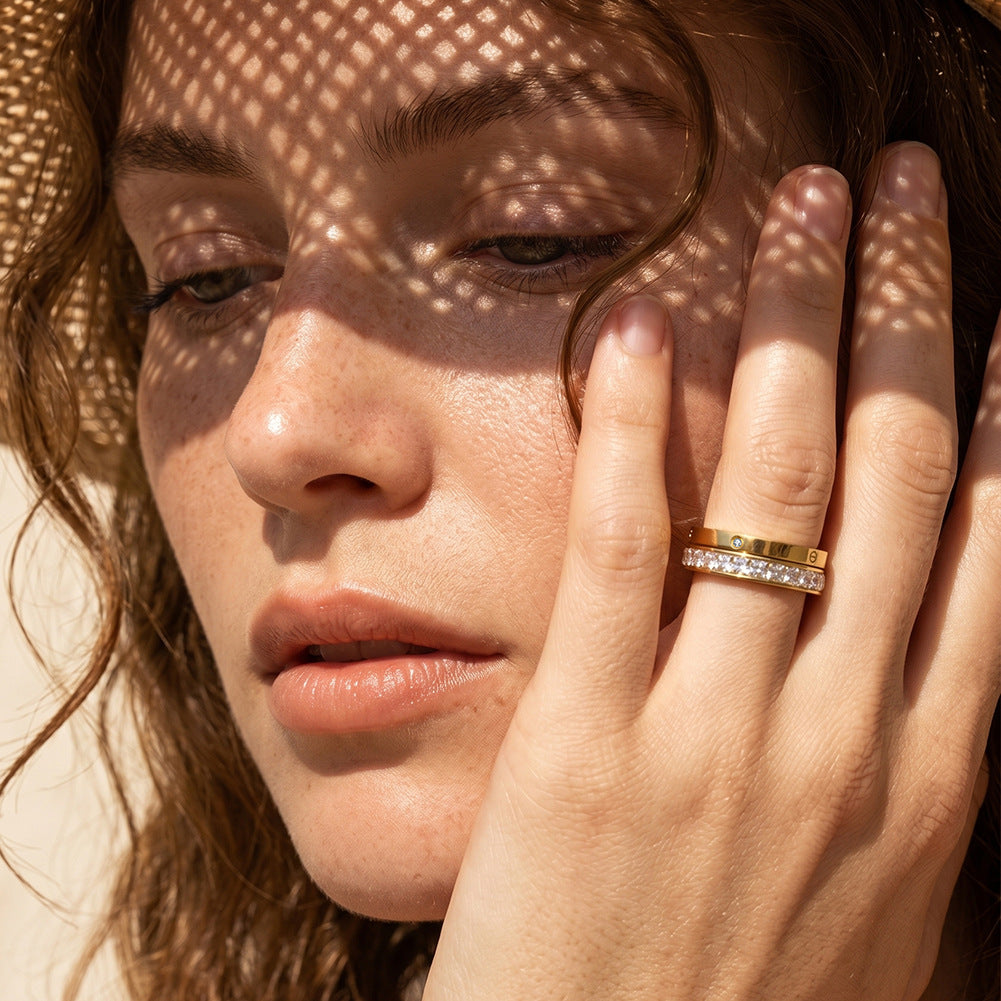 Gold Plated Stainless Steel Stackable Ring Set, Screw Detail Band and Baguette CZ Eternity Ring