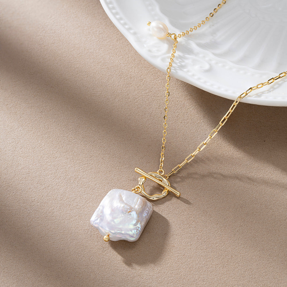 Gold Stainless Steel Baroque Square Pearl Pendant Necklace, OT Toggle Clasp Mixed Link Chain Necklace