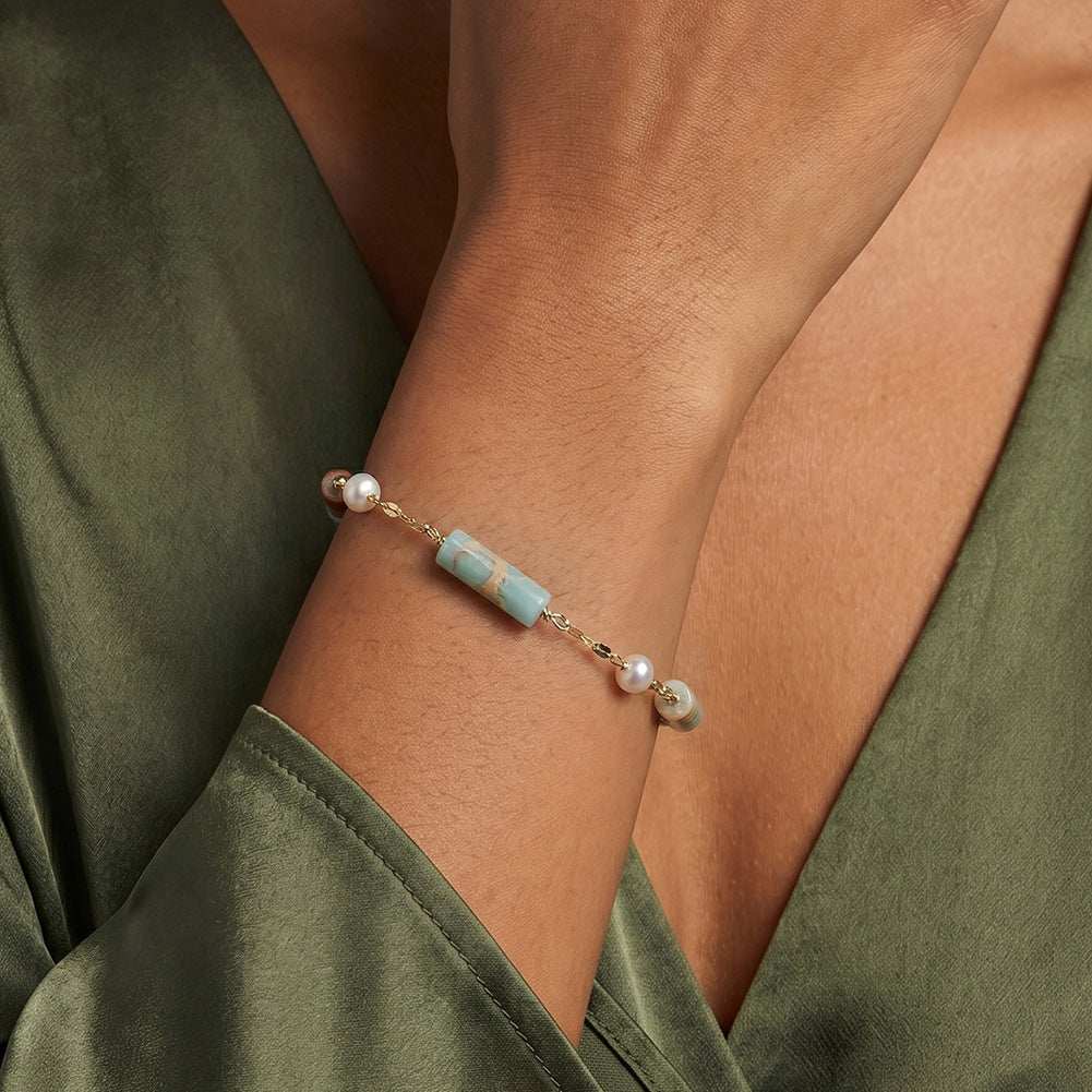 S925 Gold Plated Chain Bracelet, Lustrous Round Freshwater Pearls paired with Natural Striped Cylinder Gemstone Beads, Dainty Flat Chain, Adjustable Extension Chain