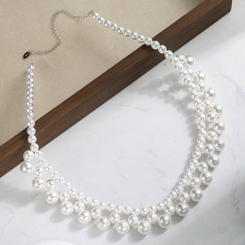 Stainless Steel Multi-Size White Pearl Cluster Choker, Layered Waterfall Pearl Collar Necklace