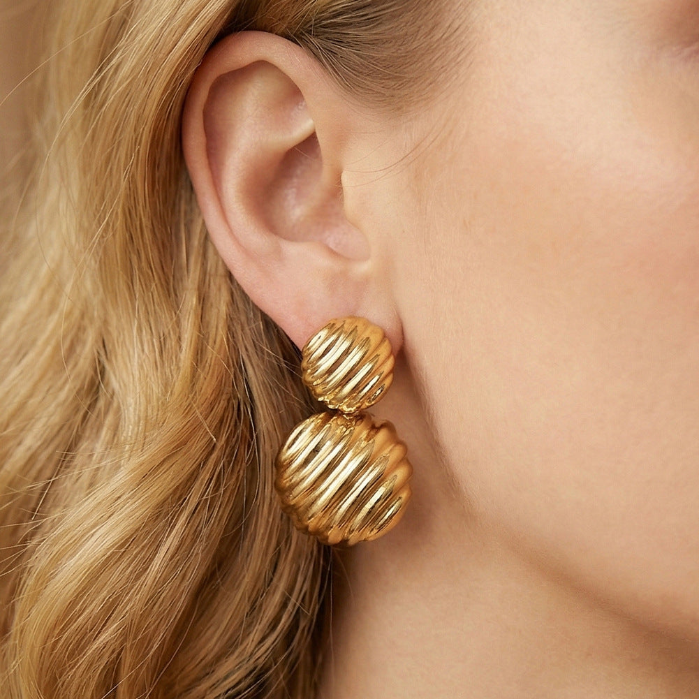 Gold Plated Stainless Steel Double Twisted Ribbed Sphere Drop Stud Earrings